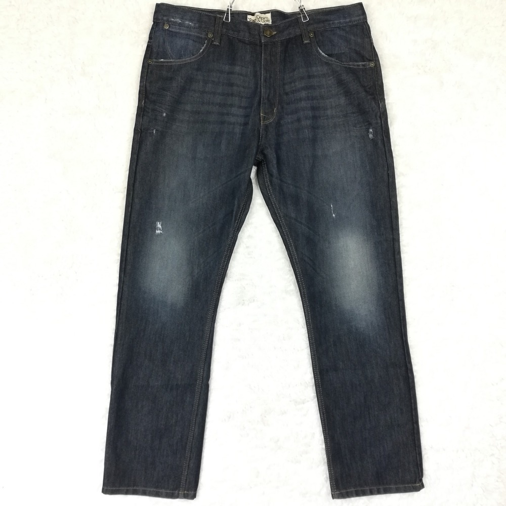 Paper Denim & Cloth Mens Jeans Straight Leg Blue Denim Dark Wash Distress 38x32